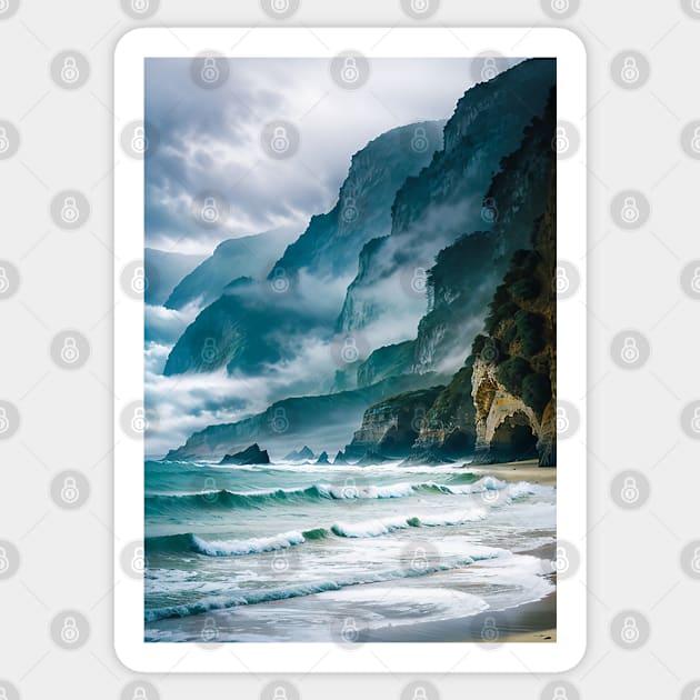 Foggy Cliffs by the Ocean Sticker by CursedContent